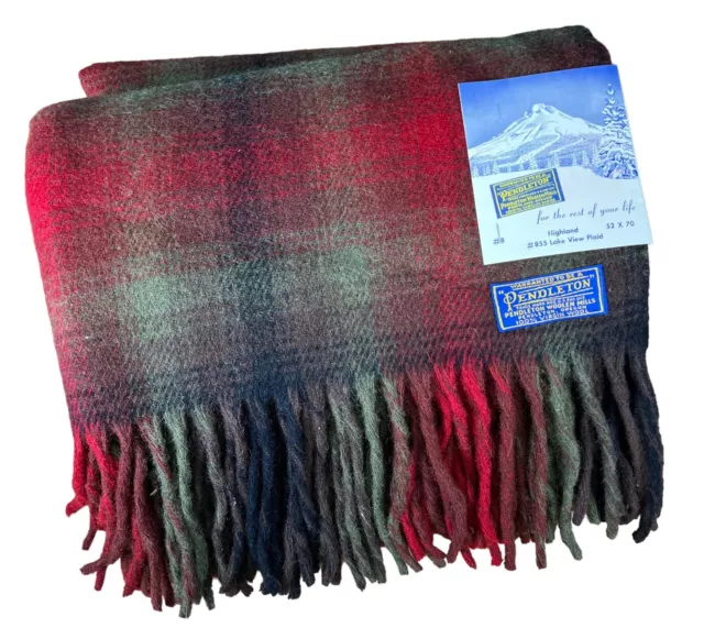 Pendleton 100% Pure Wool Green/Red/Brown Plaid 52 X 70 Stadium Throw Blanket New
