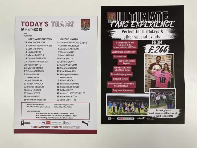 NORTHAMPTON TOWN v OXFORD UNITED | 5 SEP 2023 | EFL TROPHY TEAMSHEET | FREEPOST