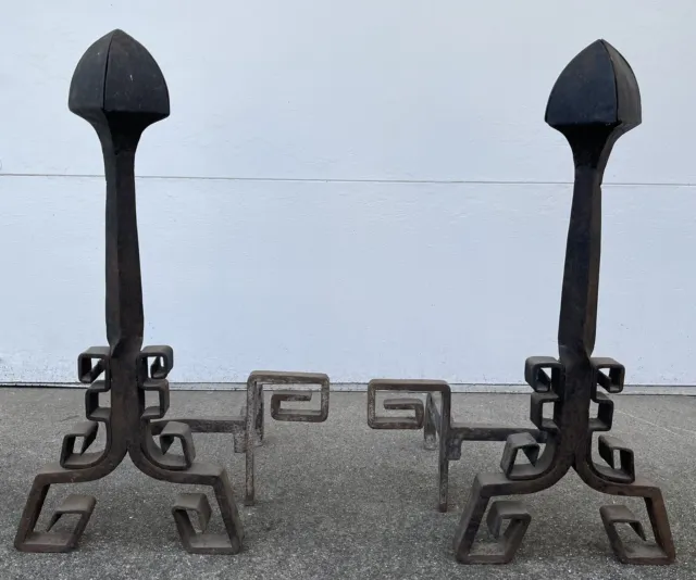 Antique Large Pair Of Spanish-Mission Fireplace Andirons Hand Forged