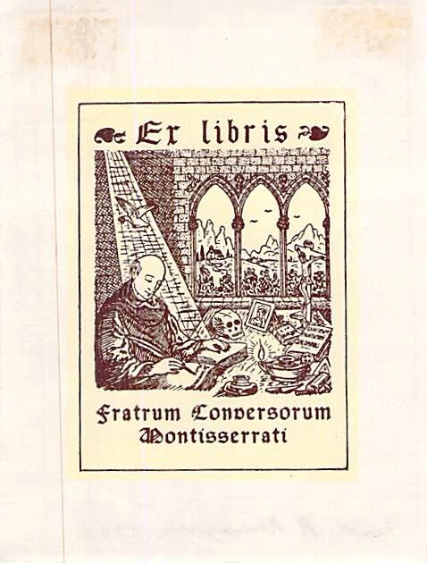 gravure ancienne ex -Libris monastere Montisserrati lecture vanité  moines Dieu