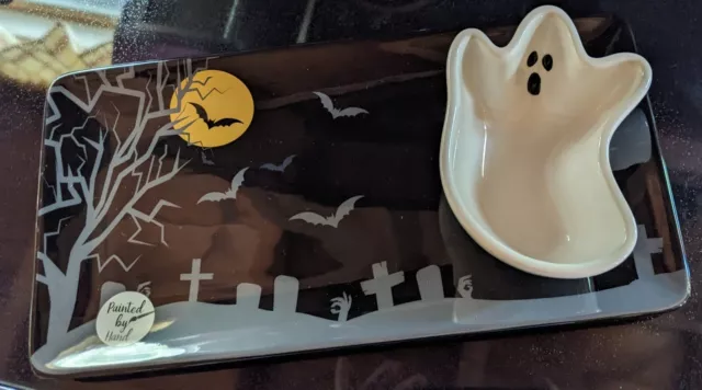 Halloween Platter By Lang Hand Painted Black w/White Ghost Dip  Dish 14"x 7"