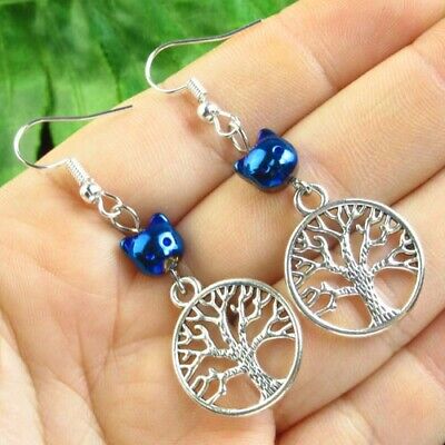 1Pair Carved Blue Hematite Cat Head Silver Tree of life Earrings Pendant SG3595