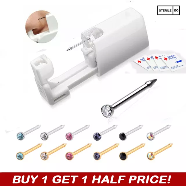 Disposable Nose Piercing Kit - Silver Gold CZ Stud Earring Gun DIY Home Self Ear