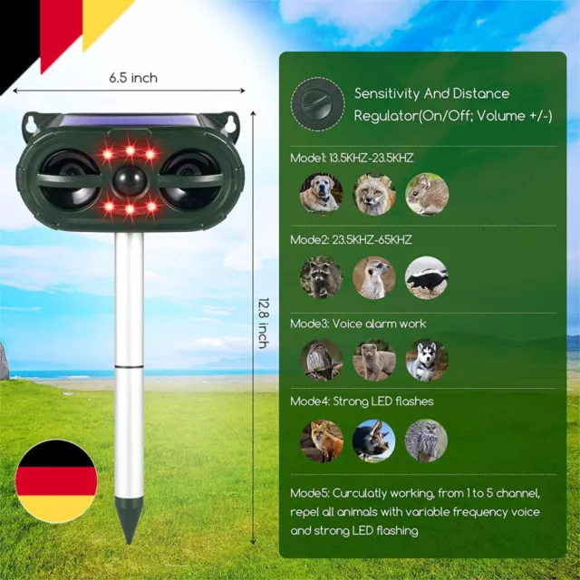 Ultrasonic Solar Animal Repellent Katzenschreck Hundeschreck Marderschreck Blitz