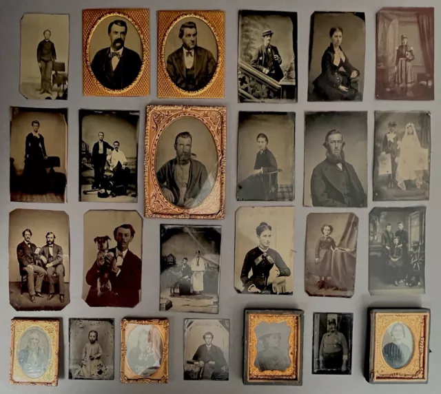 25 Antique Tintype Photos: 2 With Pet Dogs, Uniformed Fireman, Some In Cases