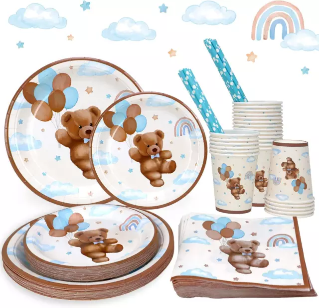 Teddy Bear Baby Shower Decorations Plates Set for 25,Boho Paper Plates Cups Napk