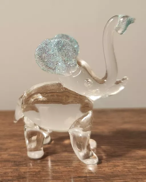 Hand Blown Clear Glass Aqua Miniature Elephant Figurine - 2 1/8"