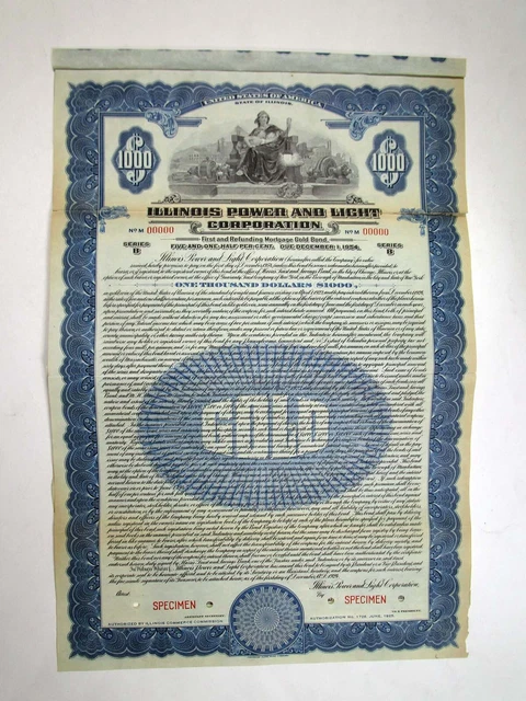 Illinois Power & Light Corp., 1924. $1000 Spec 5 1/2% Coupon Bond, Fine Repaired