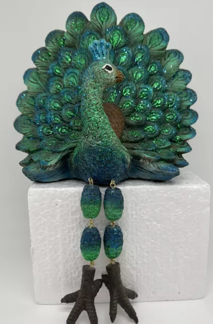 Peacock Shelf Setter  Bird Decoration Glitter Resin Dangle Legs Sparkles