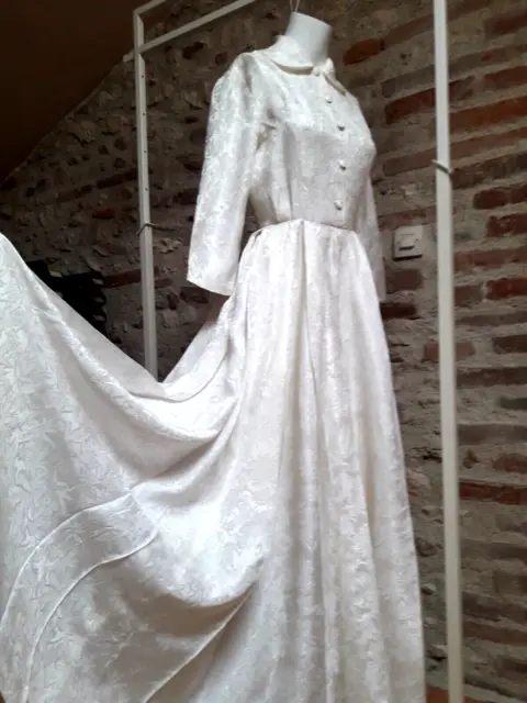 Ancienne Robe de mariée damassée T36 VINTAGE 50 1950 damask wedding dress sz XS
