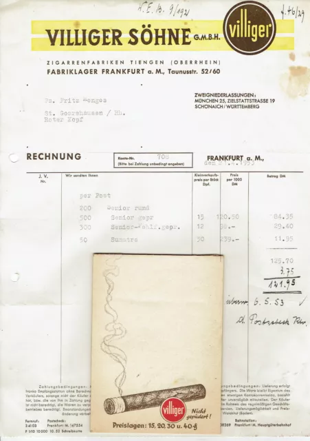 Rechnung 1953 Villiger Söhne Zigarrenfabrien Tiengen  Notizblock Lager Frankfurt