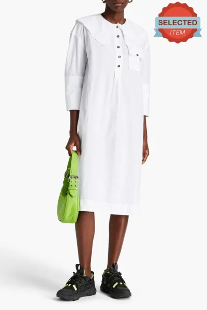 GANNI Midi Organic Cotton Oversized Shirt Dress Size S-M Ruffle 3/4 Sleeve