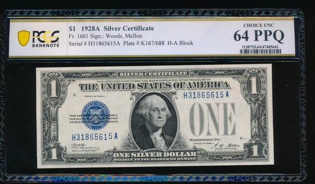 AC 1928A $1 Silver Certificate PCGS 64 PPQ H-A block  Fr 1601