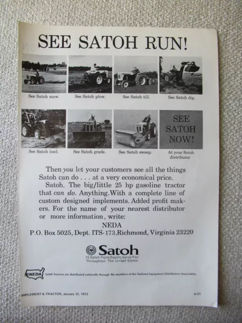 1973 Print AD Satoh Tractor 11X8"