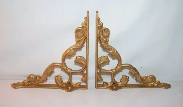 Pair Antique Gold Ornate Victorian Cast Iron Shelf Brackets Refurbished