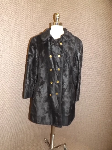 Cool Hipster Vtg 60s 70s Jet Black Western Germany Faux Fur Dbl Breasted Coat L