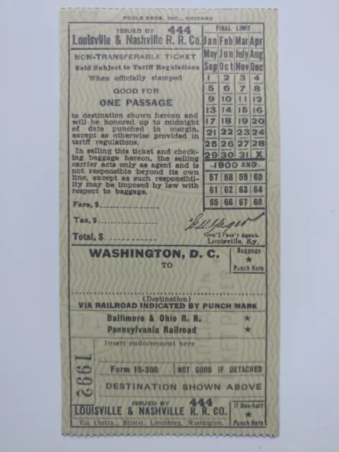 Railroad Ephemera - Louisville & Nashville RR Ticket - paper ephemera