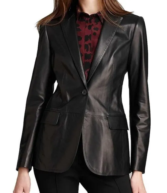 WOMEN S COAT Blazer Jacket Lambskin Leather Soft Two Slim Fit Button ...
