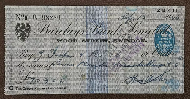 1944 Barclays Bank Limited, Wood Street, Swindon Branch Cheque