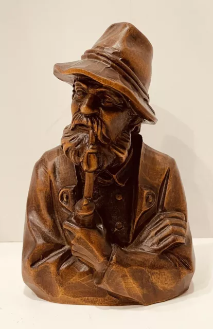Antique Hand Carved Black Forest Wood Bust Man Smoking Pipe Rare Switzerland 7”