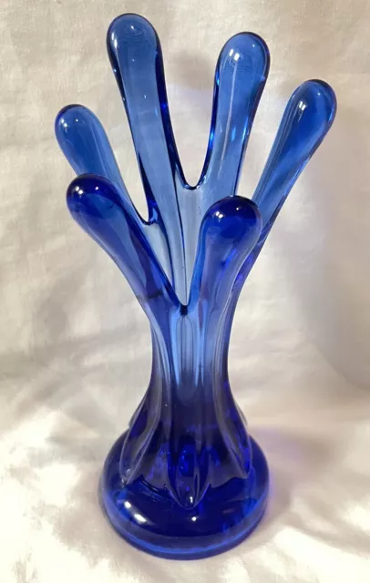 Vintage 6 Finger Cobalt Blue Hand Blown Stretch Swung Art Glass Vase Size 7.5"