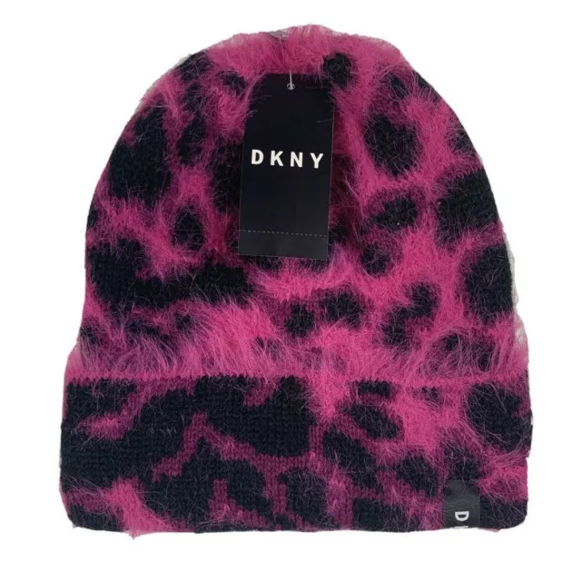 DKNY Women's Fuzzy Animal Print Beanie Knit Hat Leopard Pink #Y9