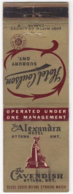 Canada Revenue 1/5¢ Excise Tax Matchbook "THE ALEXANDRA HOTEL" Ottawa