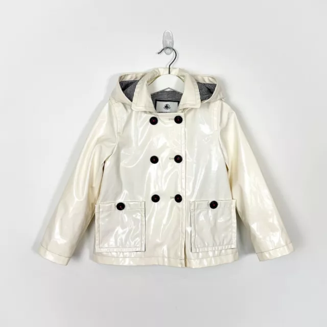 Petit Bateau High Gloss Hooded Raincoat Pea Coat Sz 5 Off White  / Cream