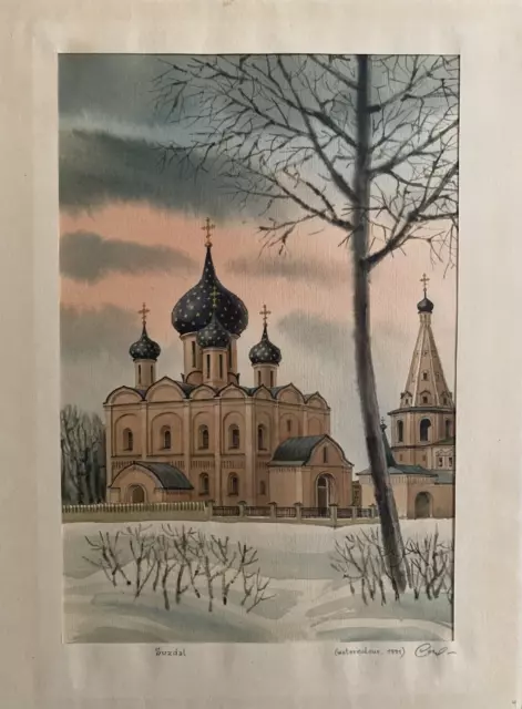 Ancienne Et Belle Aquarelle Vue De Suzdal En Russie En Hiver  (179) 2