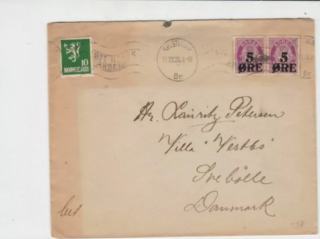 Norway 1924 Kristian Ott Norsk Arbeid cancel to Denmark stamps cover ref 21834