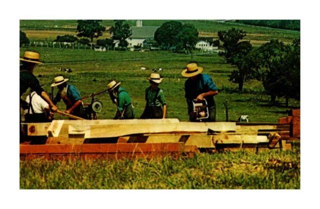 Postcard Amish Men Cutting Beams Pa. Dutch Country Pennsylvania   E 18