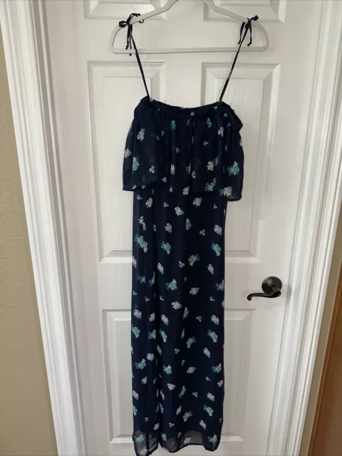 Tacera Women's Small Off the Shoulder Maxi Dress Lined Blue Multi Floral EUC