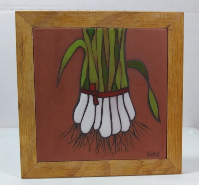 The Betty Co Terra Cotta Tile Scallions Wood Trivet Wall decor Italy handmade AZ