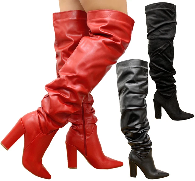 Ladies Thigh High Over The Knee Boots Womens Slough Wide Calf Block Heels Shoes