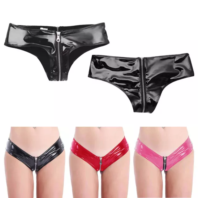 Slip Pantaloncini Intimo Mutandine In Pelle Pvc Cerniera Sul Cavallo Donna/+