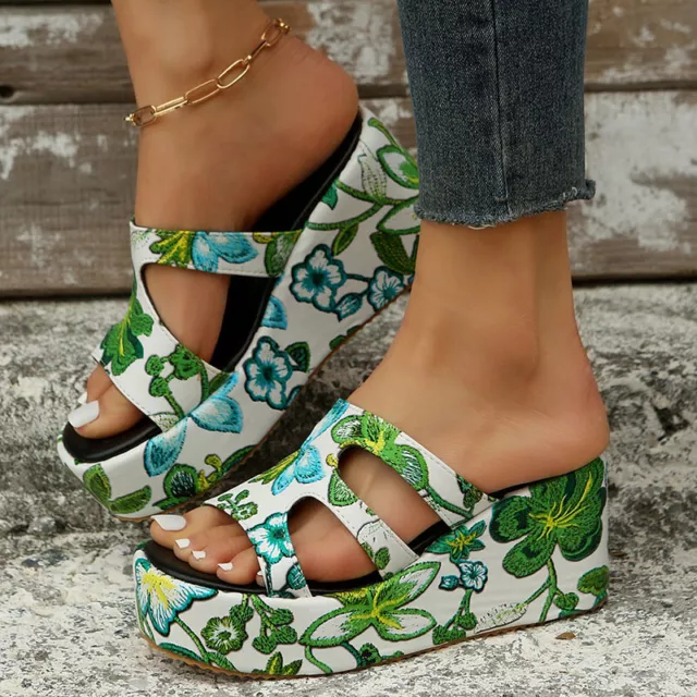SUMMER WOMENS PLATFORM Floral Printing Sandals Slippers Slide Wedge ...