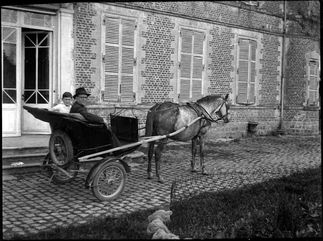 Man & Child Castle Horse Cart - Antique Photo Negative Year 1930