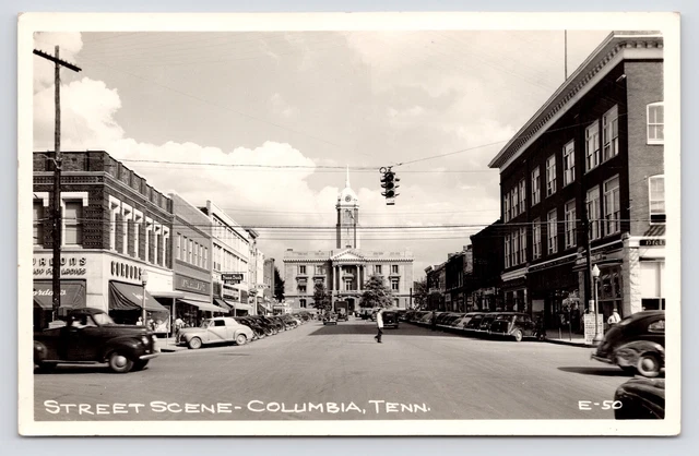 c1940s~Columbia TN~Courthouse~Downtown~Public Square~Stores~RPPC VTG Postcard