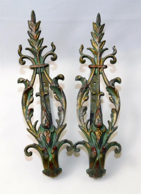 Vintage Leaf Metal Curtain Tie Back Set of 2 Antique Hand Painted Gold Green Red