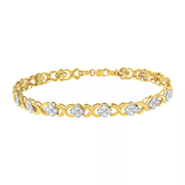 10K Yellow Gold 1 Carat Diamond Cluster X Link Tennis Bracelet Sterling Silver