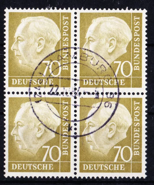 Bund Heuss I  70Pf,  Mi. 191 im 4er-Block mit zentrischem Vollstempel "Hamburg"