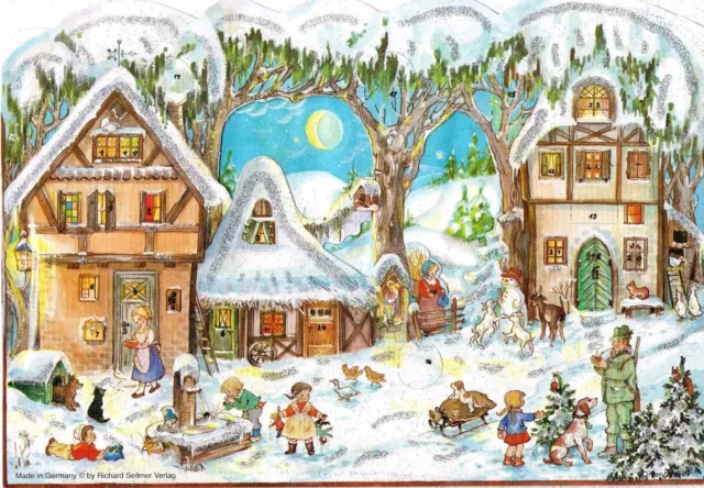 1 Sellmer Adventskalender mit Glimmer Winter,Schnee,Dorf, Kinder,Tiere Nr.49