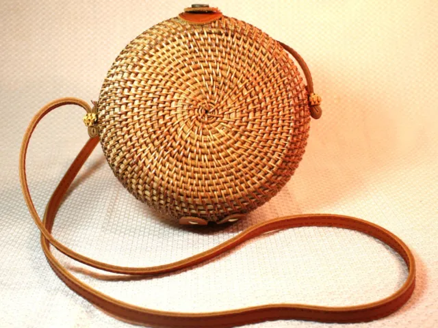 Hand-Woven Rattan Wicker Grass Round Crossbody Shoulder Bag/Purse Made in Bali