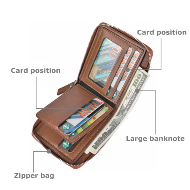 Men RFID Blocking PU Leather Bifold Wallet Credit Card ID Holder Zip Purse 6