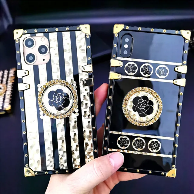 For iPhone 11 12 13 14 XS Bling Flower Square Case Cover Diamond Ring Kickstand