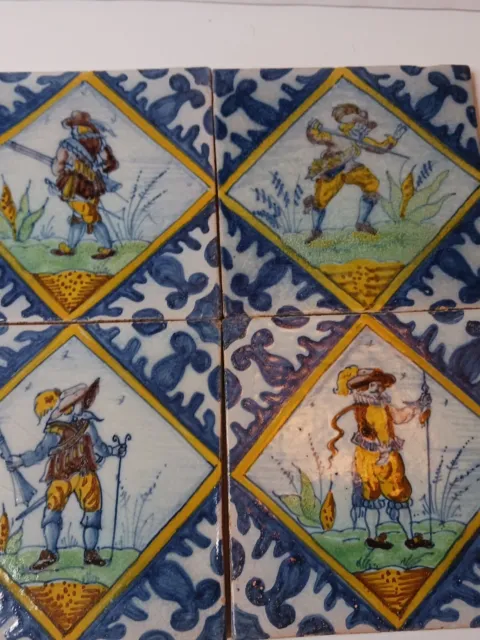 Antique 18th C Decorative Dutch Delft Faience Majolica tin glazed soldier tiles 2