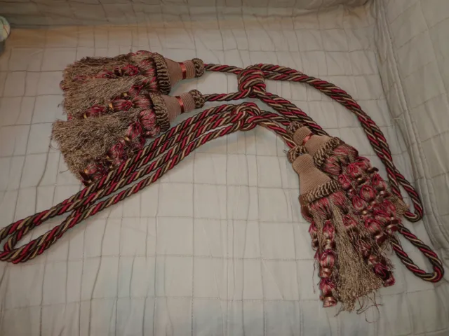 Pair Designer Curtain Drapery Rope Tiebacks Burgundy/Brown Shades Large Tassels