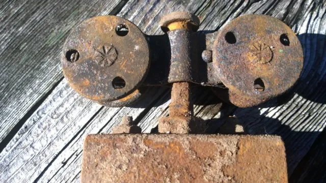 VINTAGE METAL POCKET BARN DOOR HARDWARE antique replacement part three hole whee 2