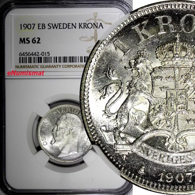 Sweden Oscar II Silver 1907 EB 1 Krona NGC MS62 SCARCE KM# 772 (015)