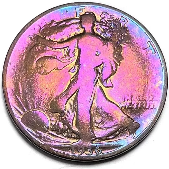 Walking Liberty Half Dollar 1936 Denver 90% Silver Rainbow Toning